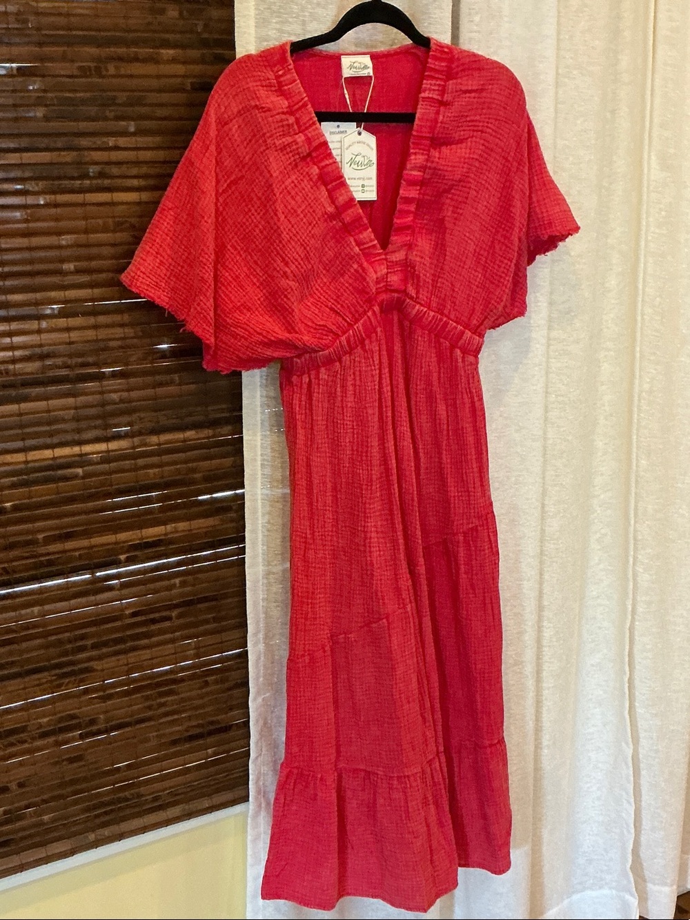 Very J Red Midi Dress with V-Neck and Flutter Sleeves